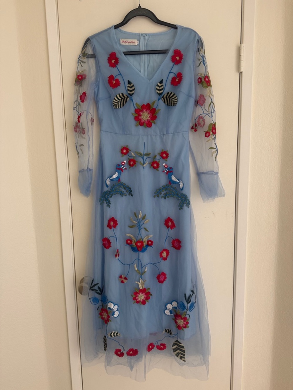 Embroidered Floral Light Blue Mesh Midi Dress size XS
